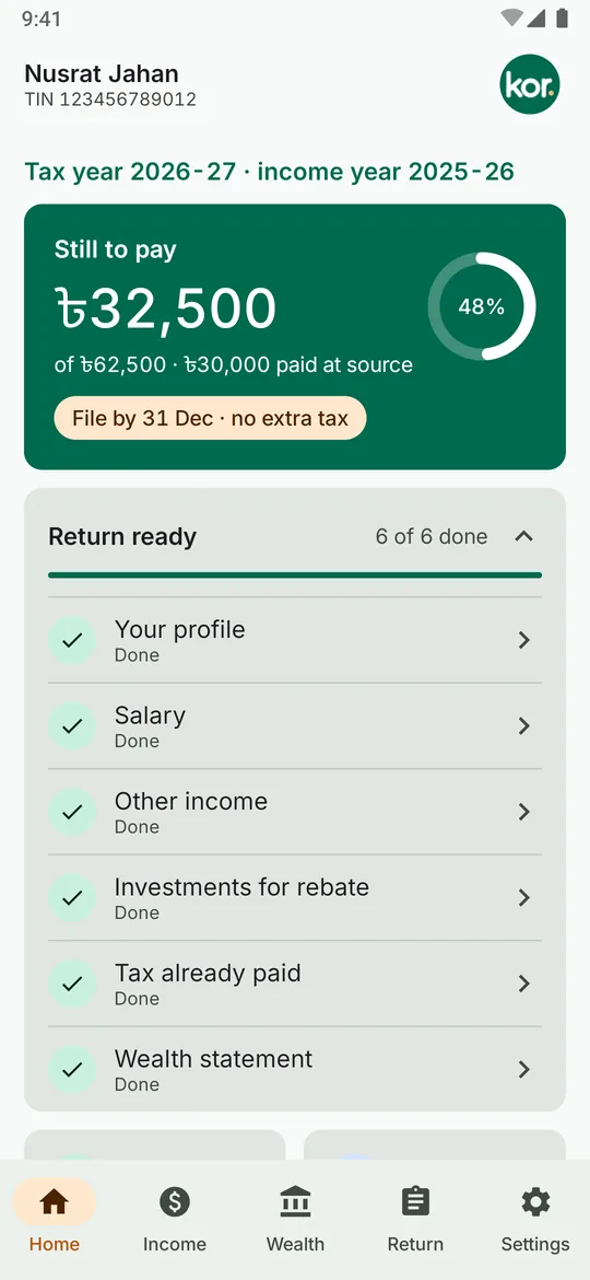 Kor's home screen: still to pay 32,500 taka of 62,500, with a ring showing 48 percent paid at source, and tiles for salary, other income, rebate and net wealth.