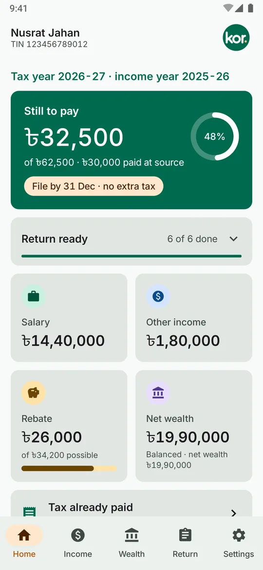 Kor's home screen with tiles for salary, other income, rebate and net wealth.