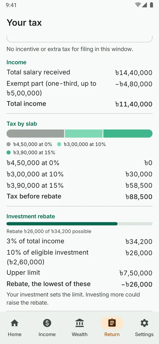 Your tax screen with a bar splitting income by tax rate, the investment rebate and the filing windows.